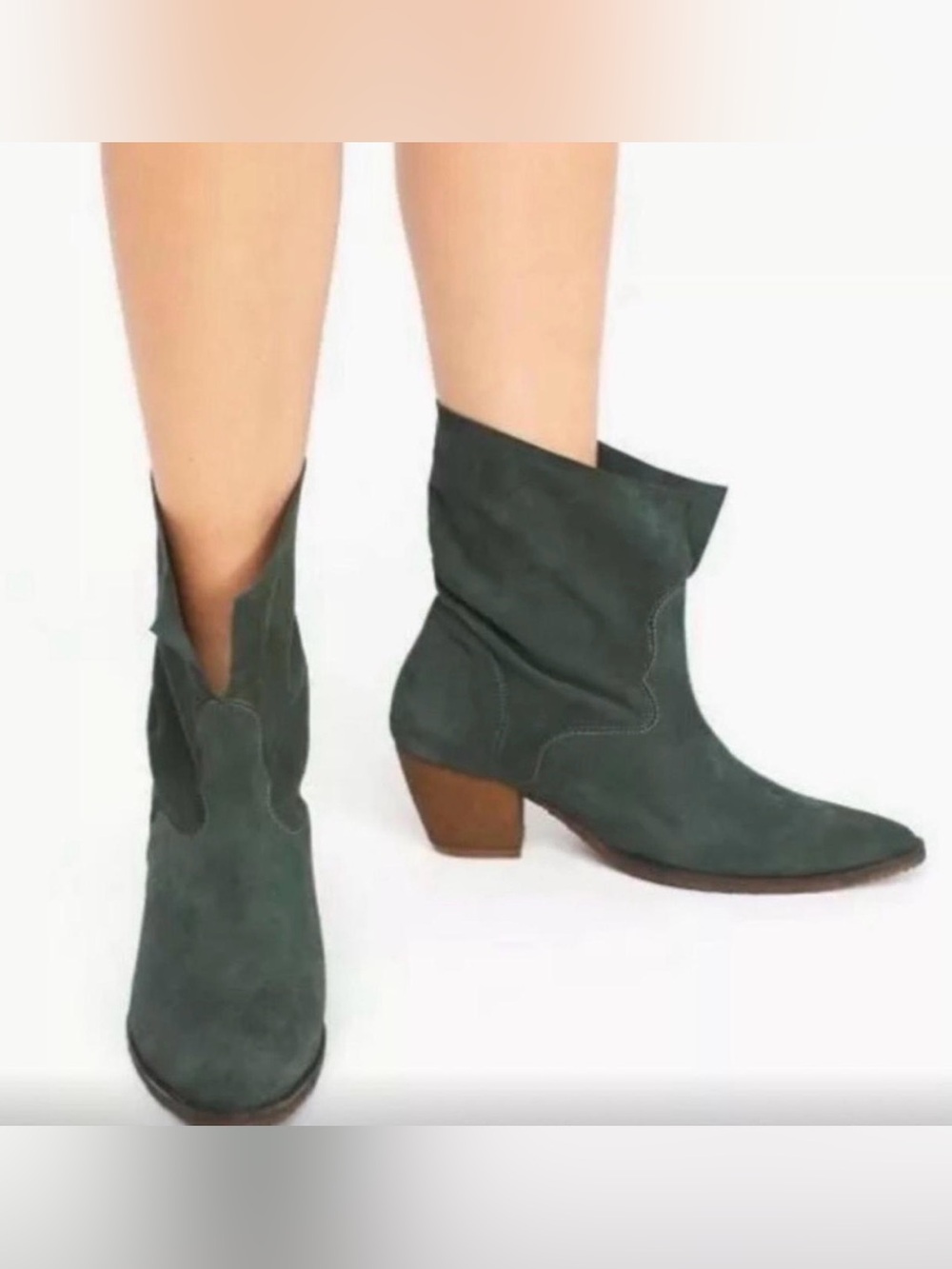 Free People Twilight Ankle Boots Green Suede Western Booties Block Heel Slip On